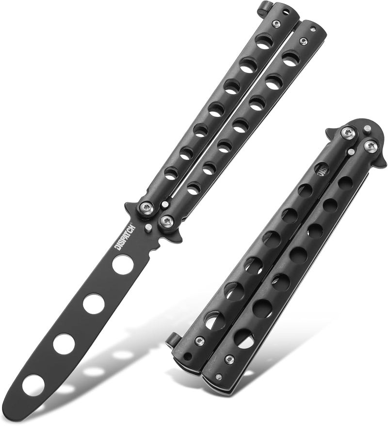 Dispatch Butterfly Knife Trainer | Unsharpened Balisong with Stainless Steel Blade, Black 3Cr13 Handle (Cutouts) & Safety Lock | EDC, Cosplay Flipping Tool - Image 1